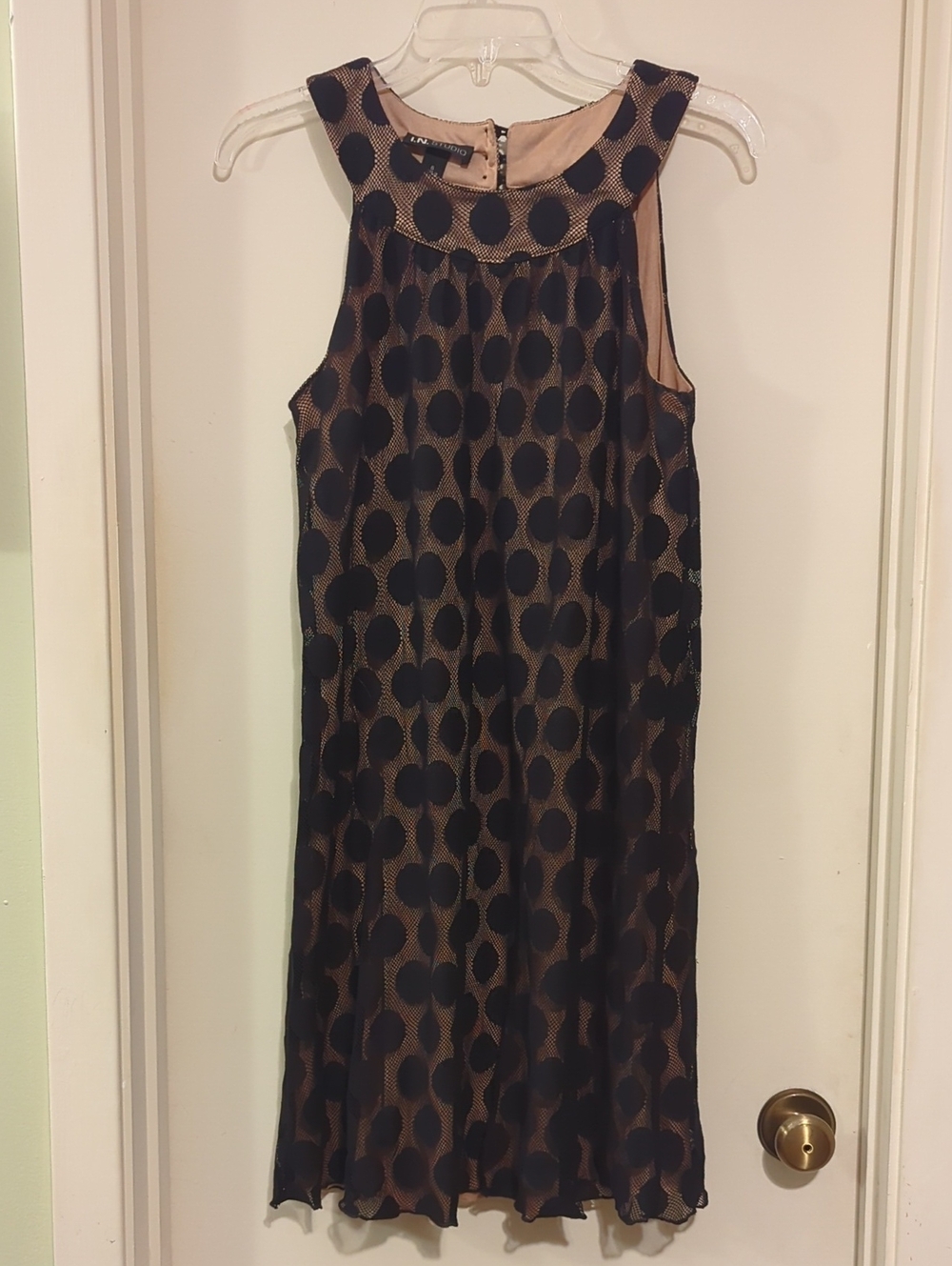 I.N. Studio Black Polka Dot Tan Sleeveless Shift Dress
